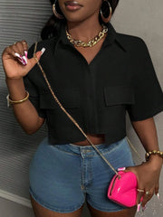 Casual Streetwear White Polo Collar Pocket Cropped Top