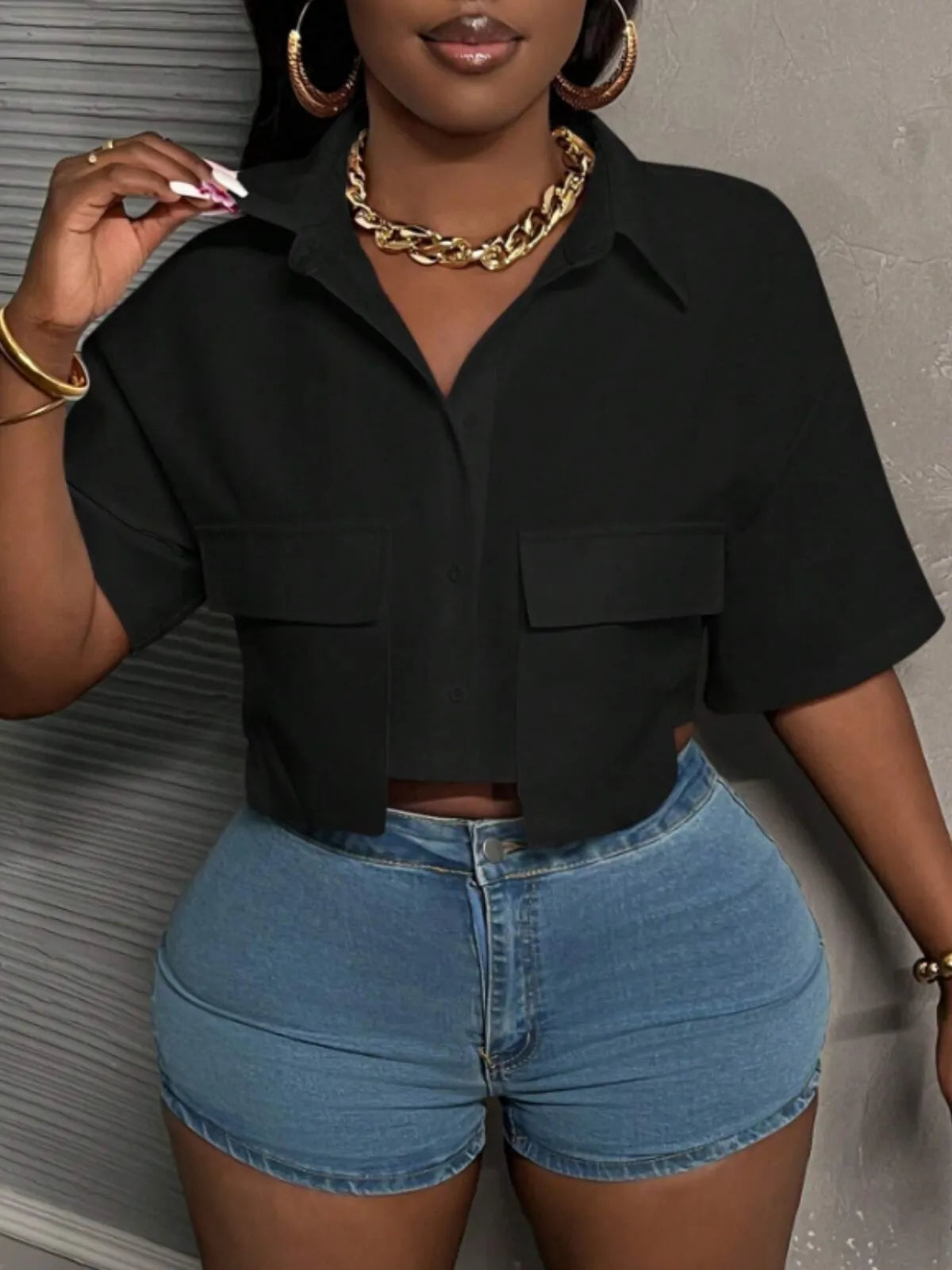 Casual Streetwear White Polo Collar Pocket Cropped Top