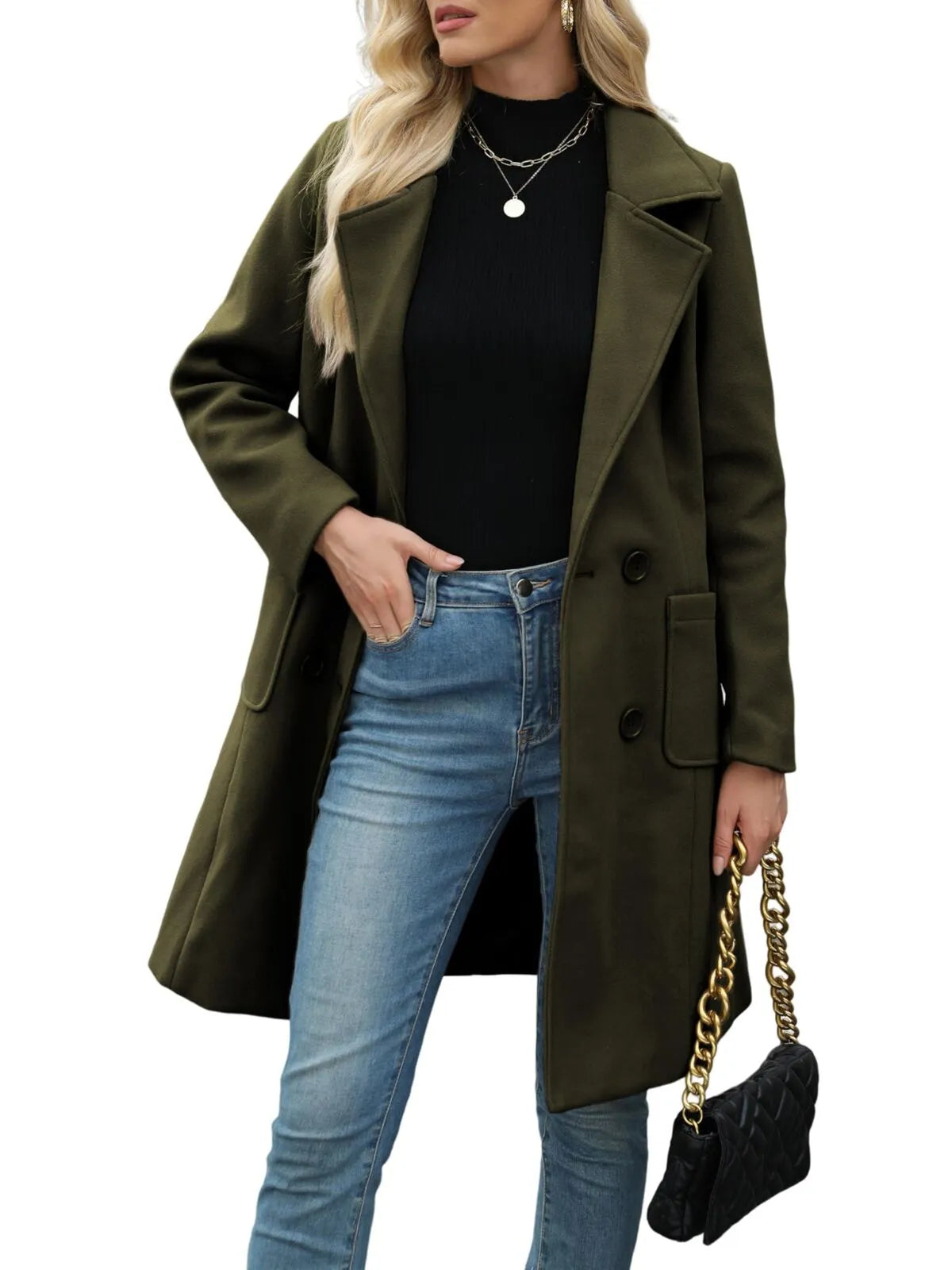 Solid Pocket Double-Breasted Lapel Jacket Outwear Winter Overcoat Blazer