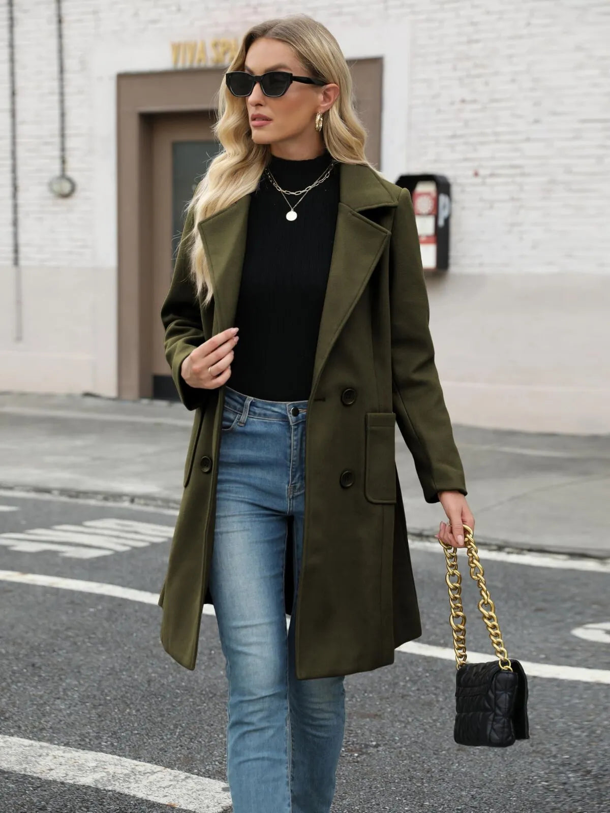 Solid Pocket Double-Breasted Lapel Jacket Outwear Winter Overcoat Blazer
