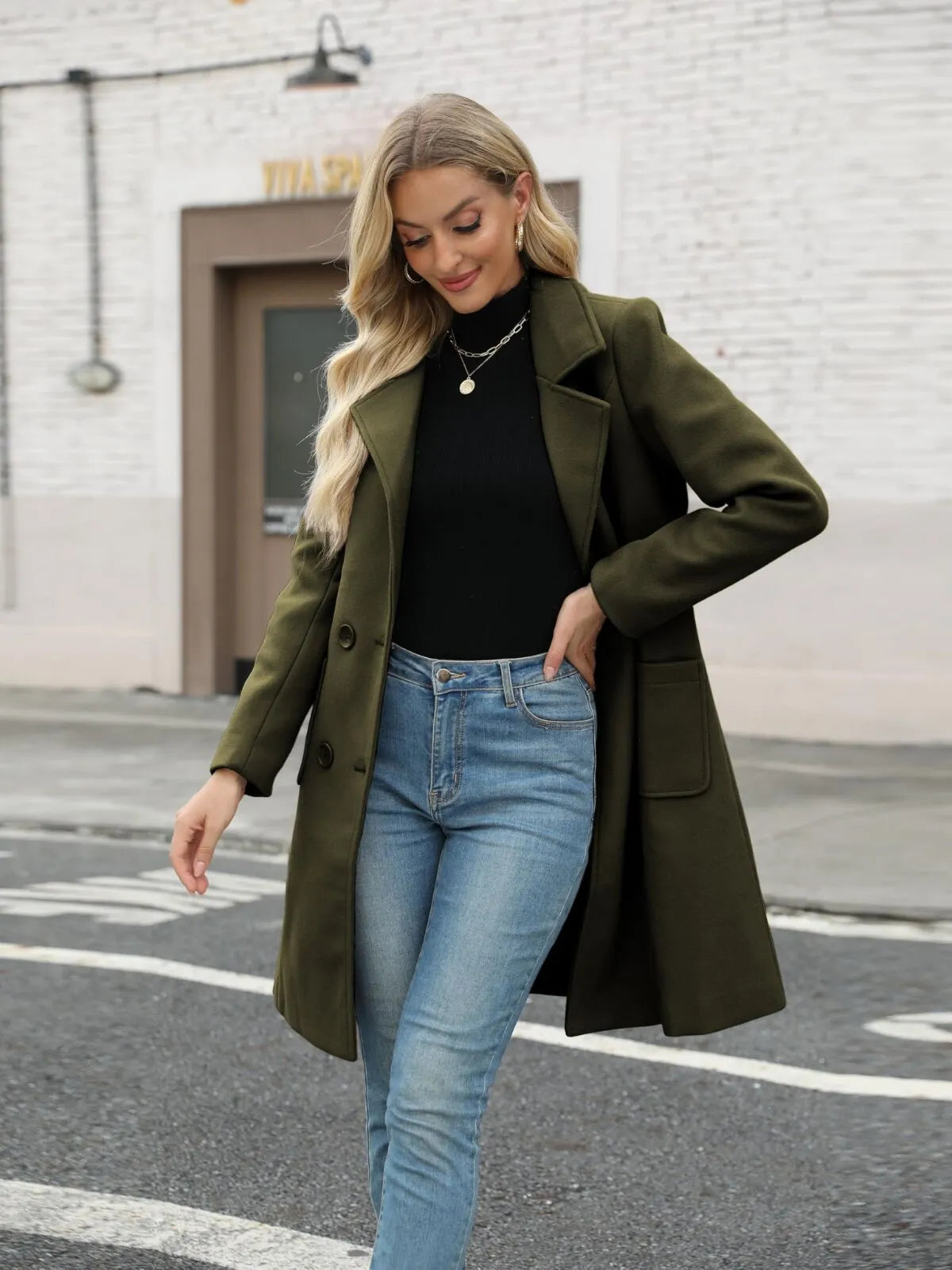 Solid Pocket Double-Breasted Lapel Jacket Outwear Winter Overcoat Blazer
