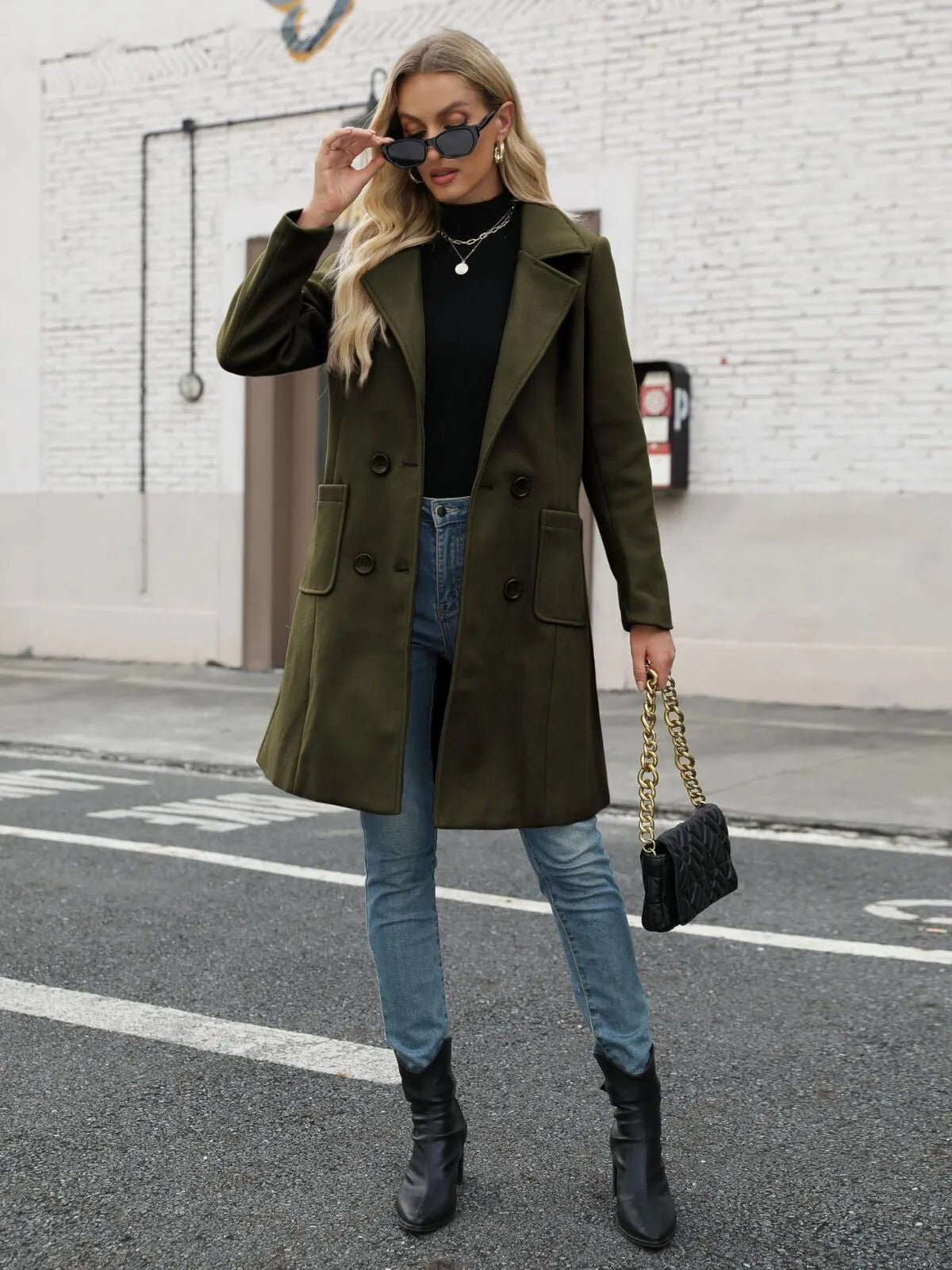 Solid Pocket Double-Breasted Lapel Jacket Outwear Winter Overcoat Blazer