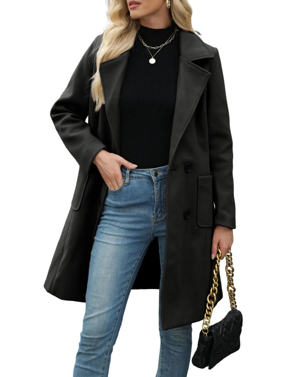 Solid Pocket Double-Breasted Lapel Jacket Outwear Winter Overcoat Blazer