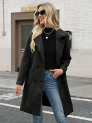 Solid Pocket Double-Breasted Lapel Jacket Outwear Winter Overcoat Blazer