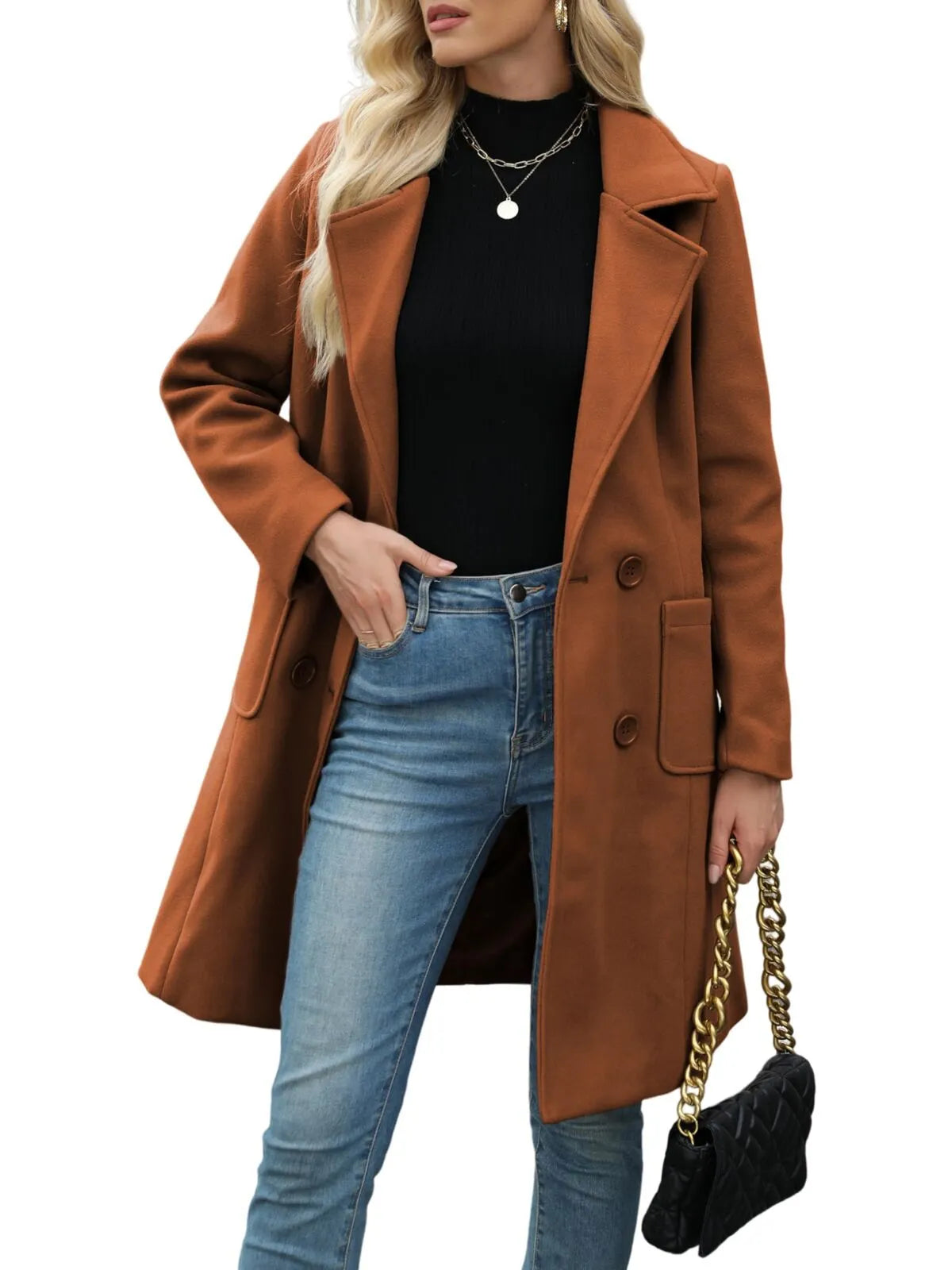 Solid Pocket Double-Breasted Lapel Jacket Outwear Winter Overcoat Blazer