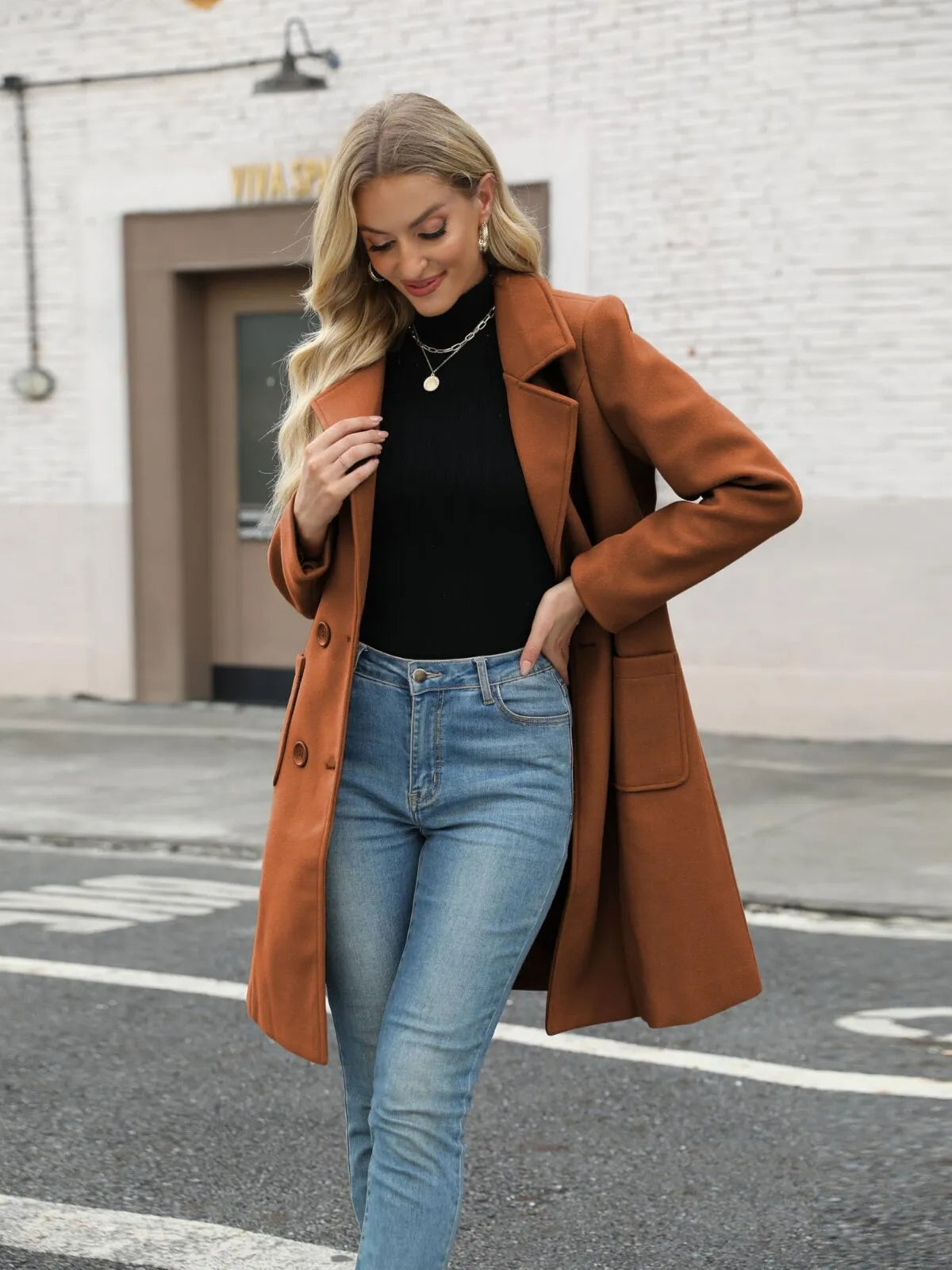 Solid Pocket Double-Breasted Lapel Jacket Outwear Winter Overcoat Blazer