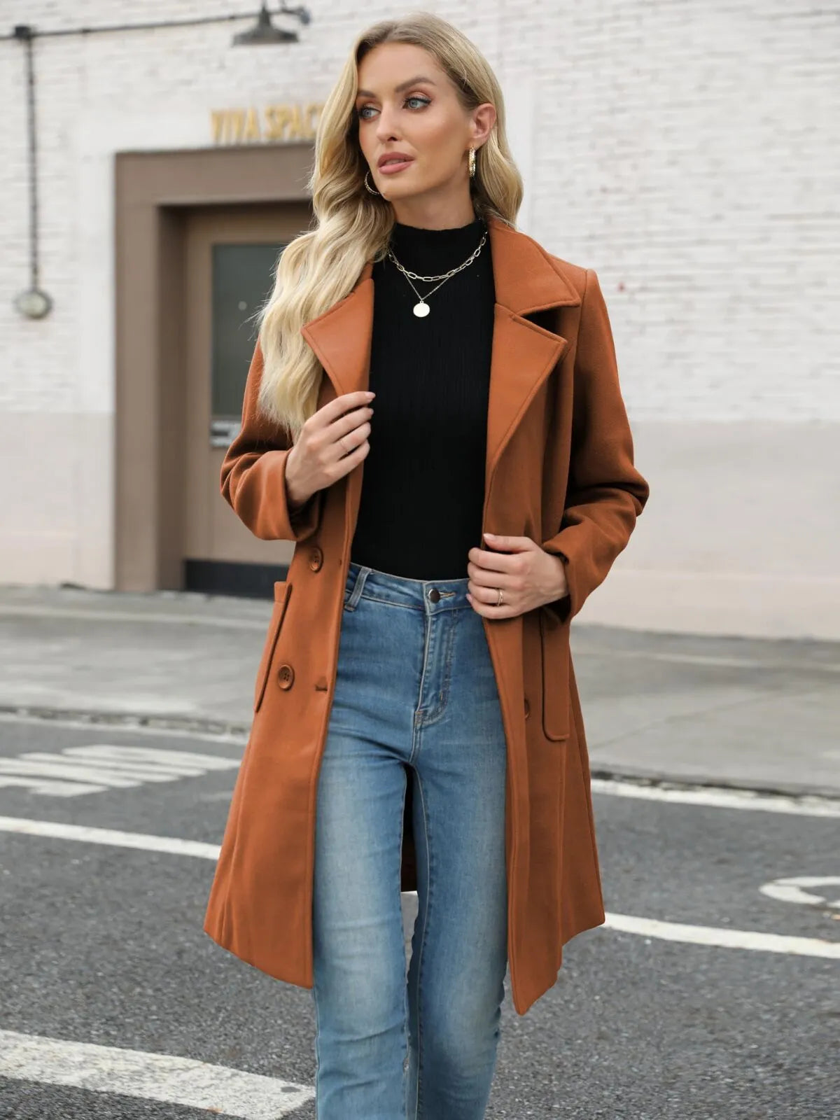 Solid Pocket Double-Breasted Lapel Jacket Outwear Winter Overcoat Blazer