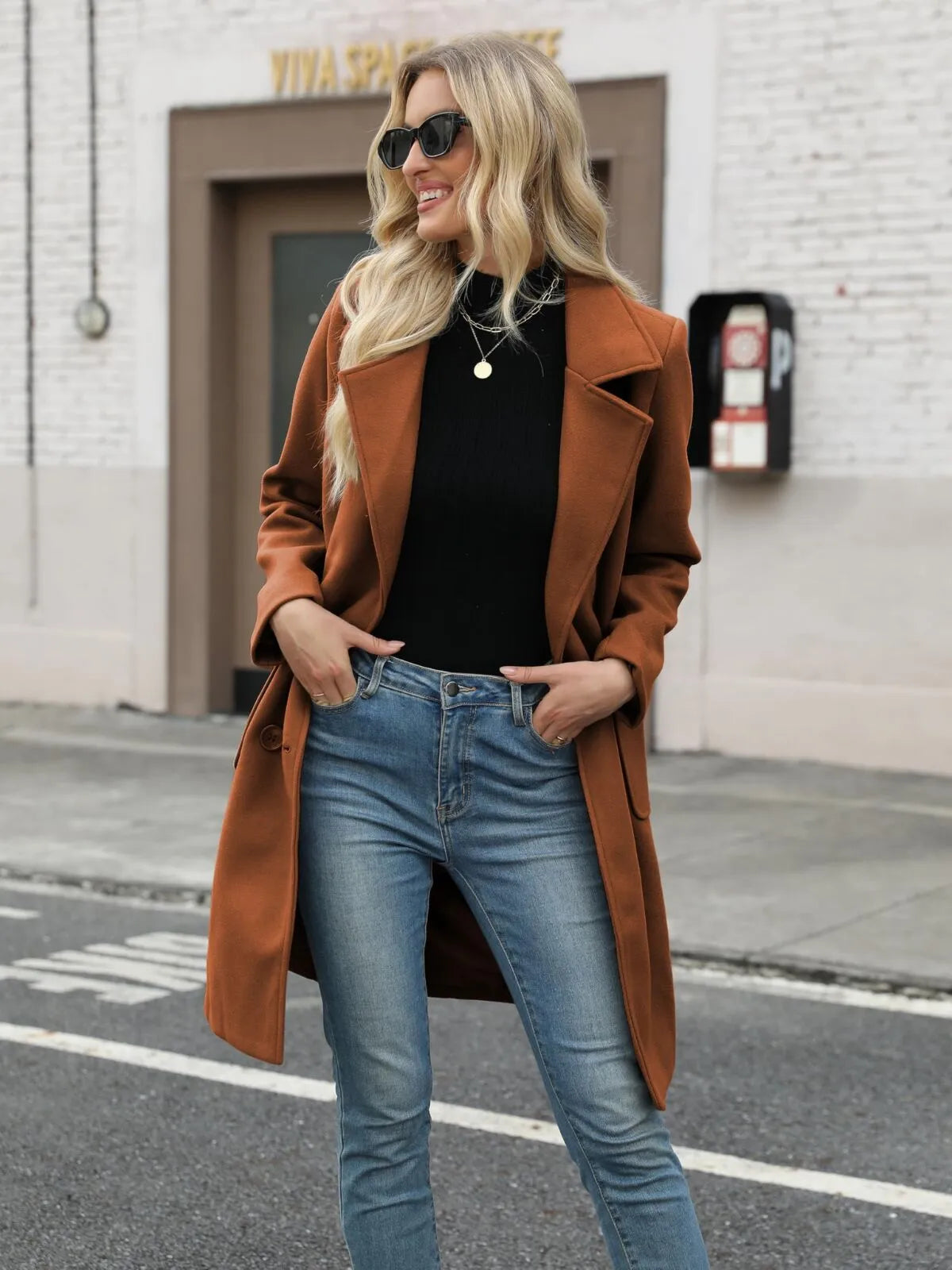 Solid Pocket Double-Breasted Lapel Jacket Outwear Winter Overcoat Blazer
