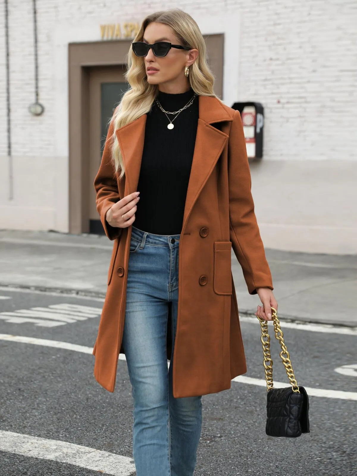Solid Pocket Double-Breasted Lapel Jacket Outwear Winter Overcoat Blazer