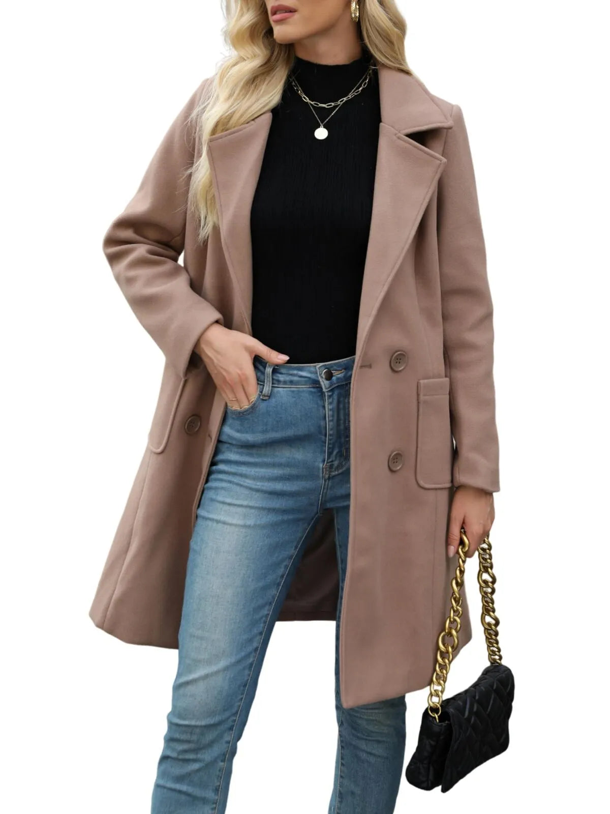 Solid Pocket Double-Breasted Lapel Jacket Outwear Winter Overcoat Blazer