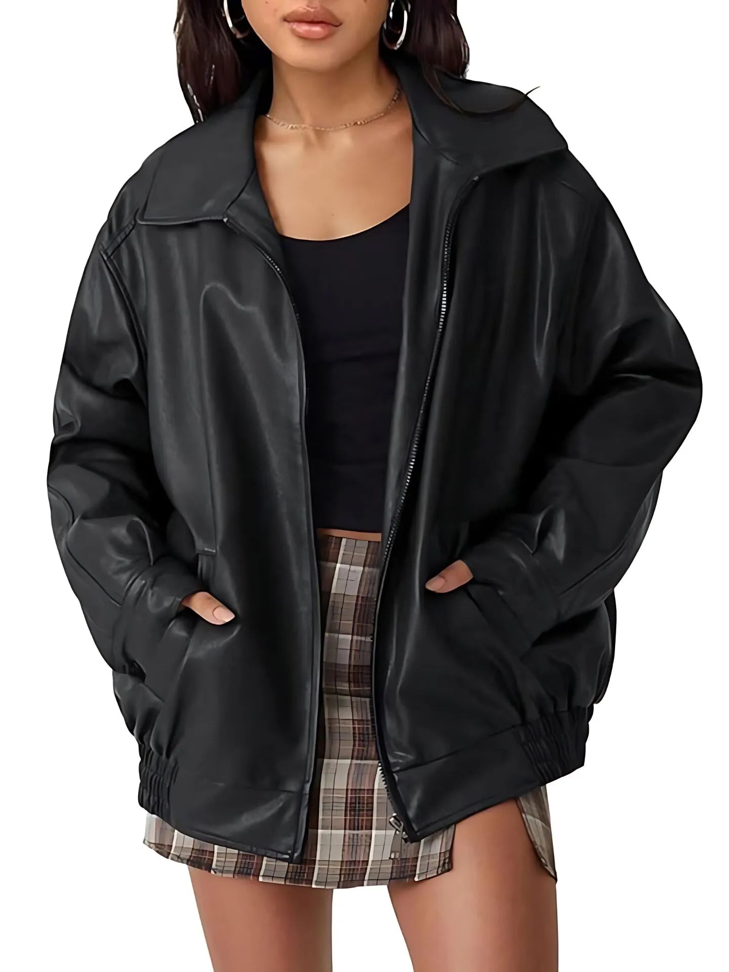 Faux Suede Fall Fashion Solid Pocket Lapel Pu Leather Oversized Coat