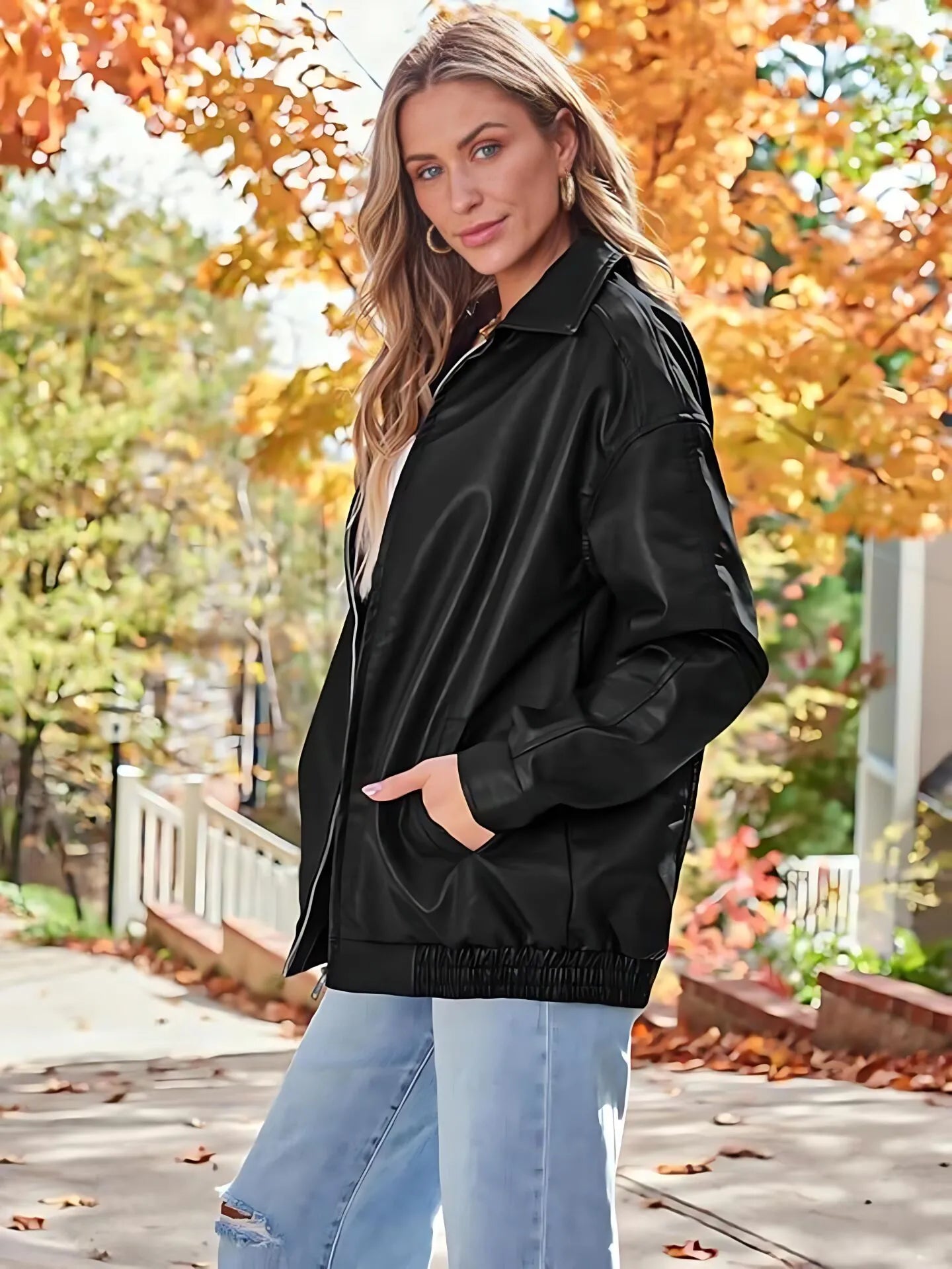 Faux Suede Fall Fashion Solid Pocket Lapel Pu Leather Oversized Coat