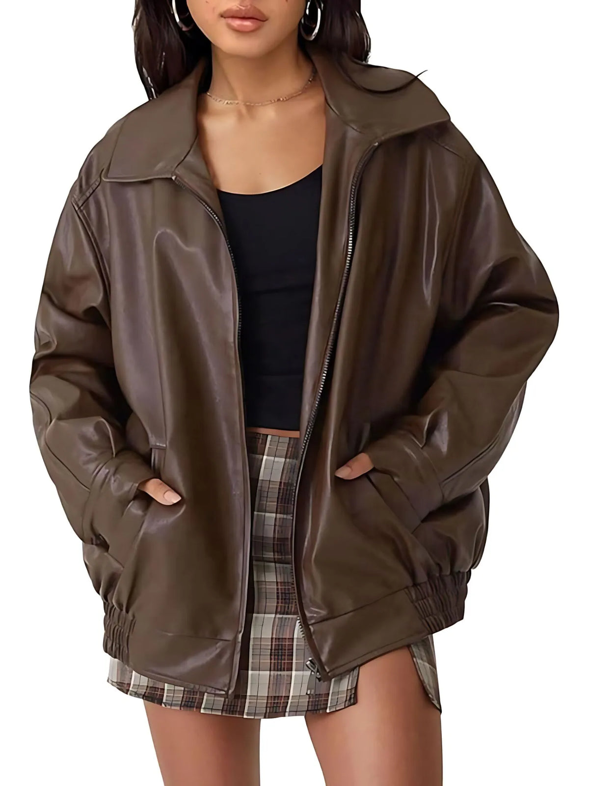 Faux Suede Fall Fashion Solid Pocket Lapel Pu Leather Oversized Coat