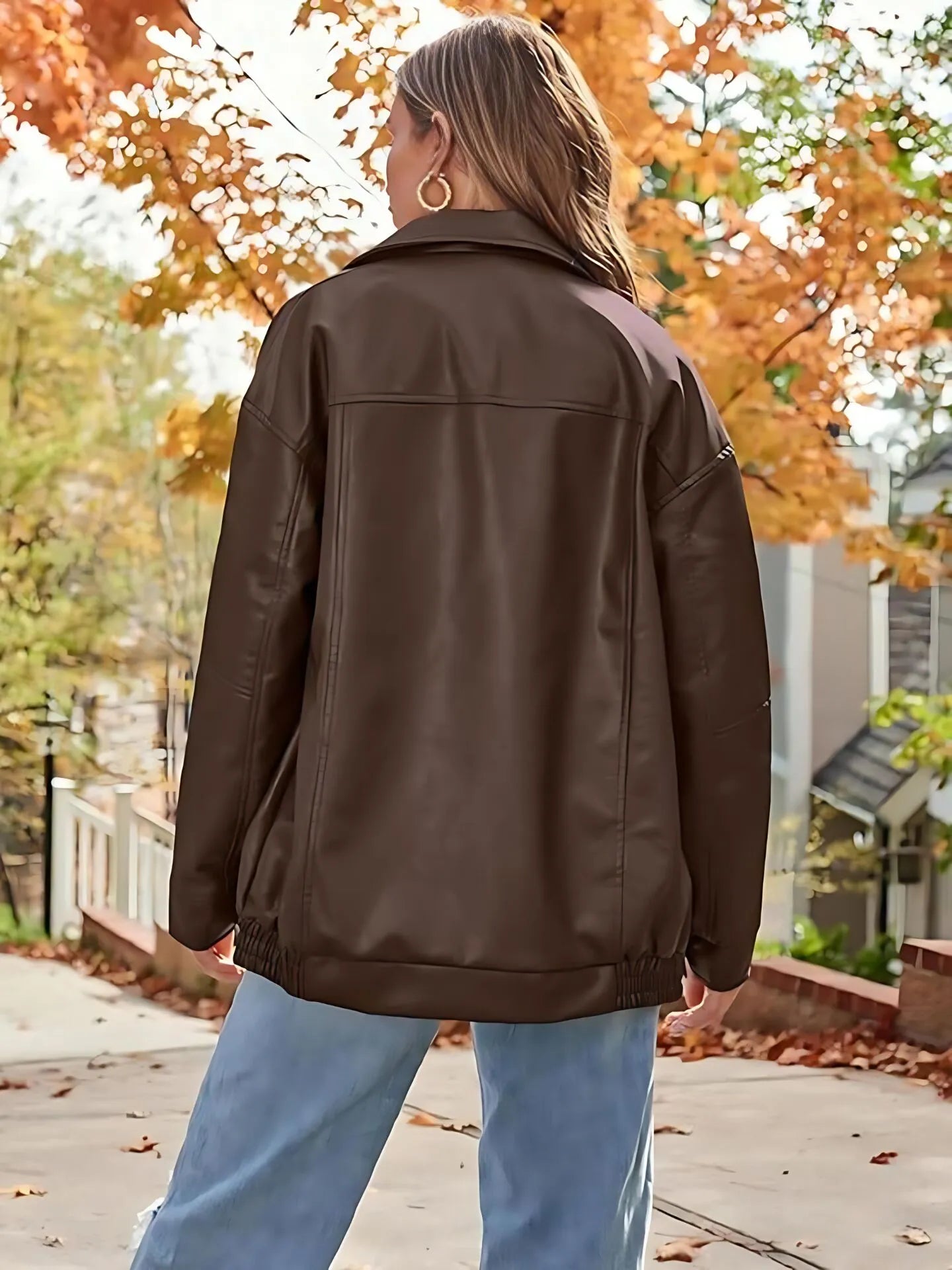Faux Suede Fall Fashion Solid Pocket Lapel Pu Leather Oversized Coat