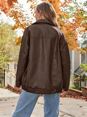 Faux Suede Fall Fashion Solid Pocket Lapel Pu Leather Oversized Coat