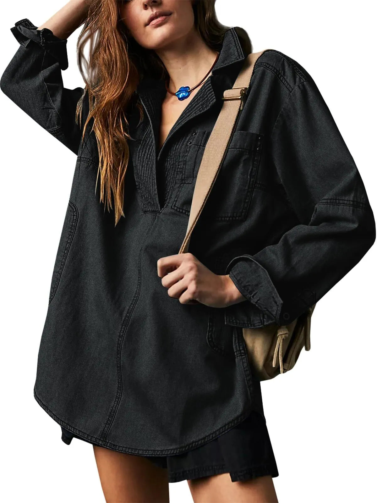 Solid Denim Pullover Casual Notch V Neck Loose Fit Pocket Regular Blouse