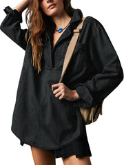Solid Denim Pullover Casual Notch V Neck Loose Fit Pocket Regular Blouse