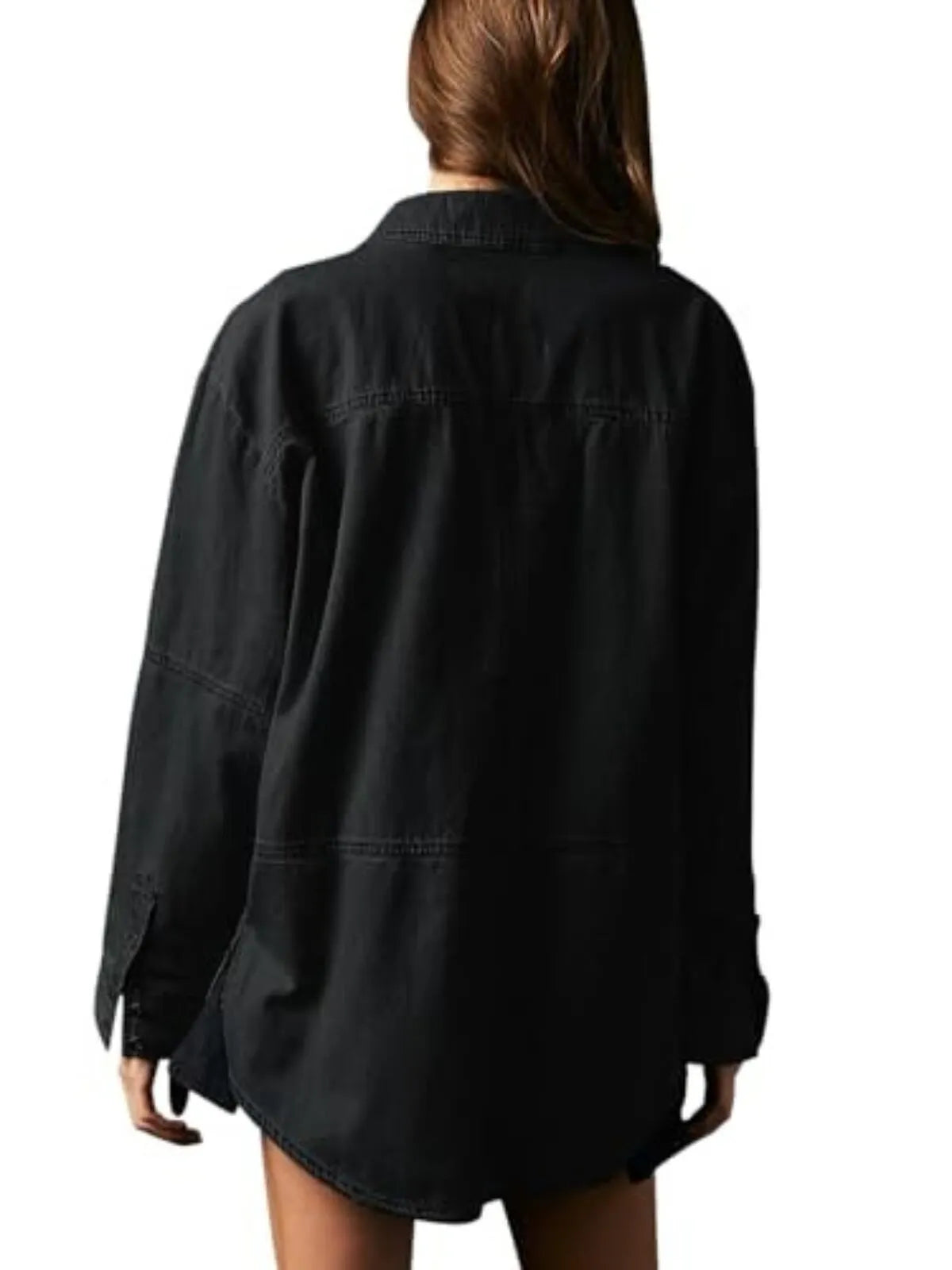 Solid Denim Pullover Casual Notch V Neck Loose Fit Pocket Regular Blouse