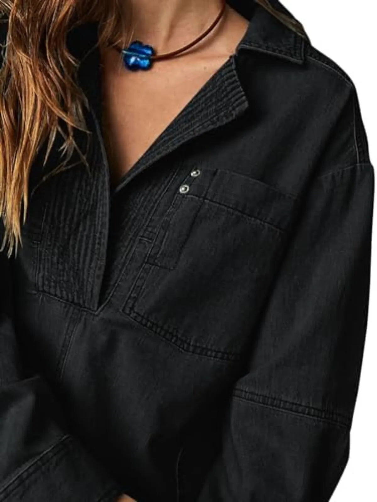 Solid Denim Pullover Casual Notch V Neck Loose Fit Pocket Regular Blouse