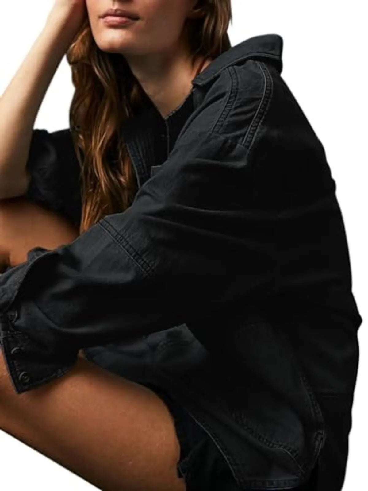 Solid Denim Pullover Casual Notch V Neck Loose Fit Pocket Regular Blouse