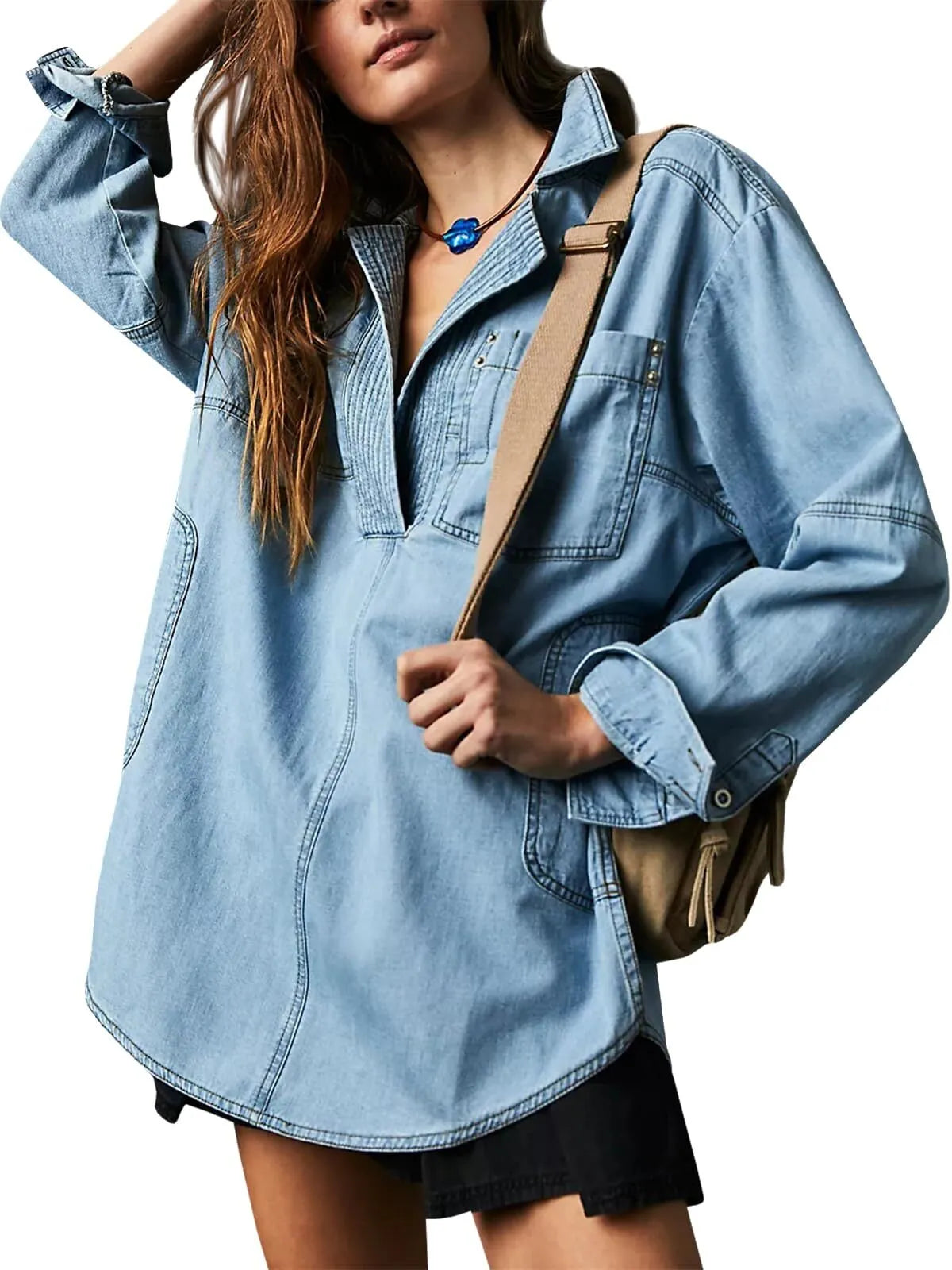 Solid Denim Pullover Casual Notch V Neck Loose Fit Pocket Regular Blouse