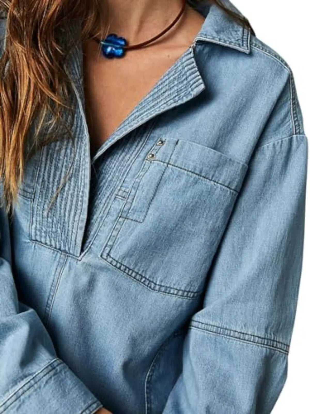 Solid Denim Pullover Casual Notch V Neck Loose Fit Pocket Regular Blouse