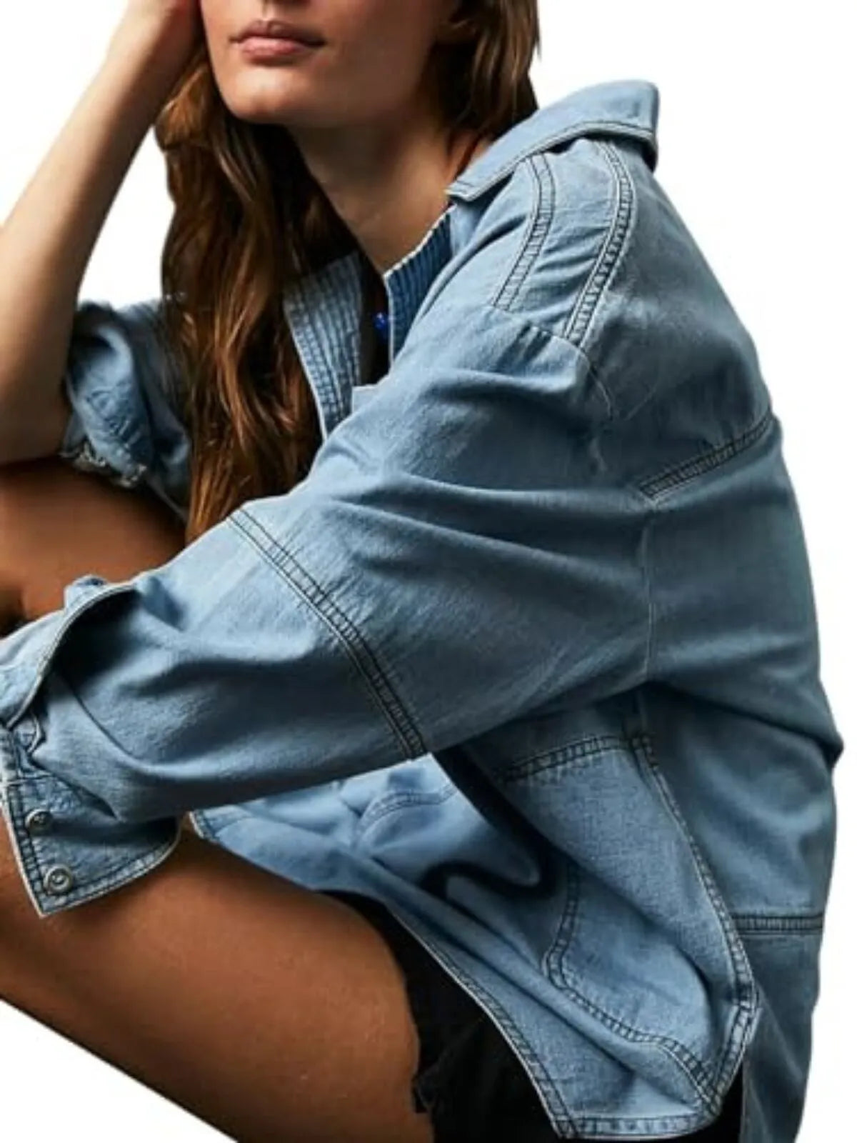 Solid Denim Pullover Casual Notch V Neck Loose Fit Pocket Regular Blouse