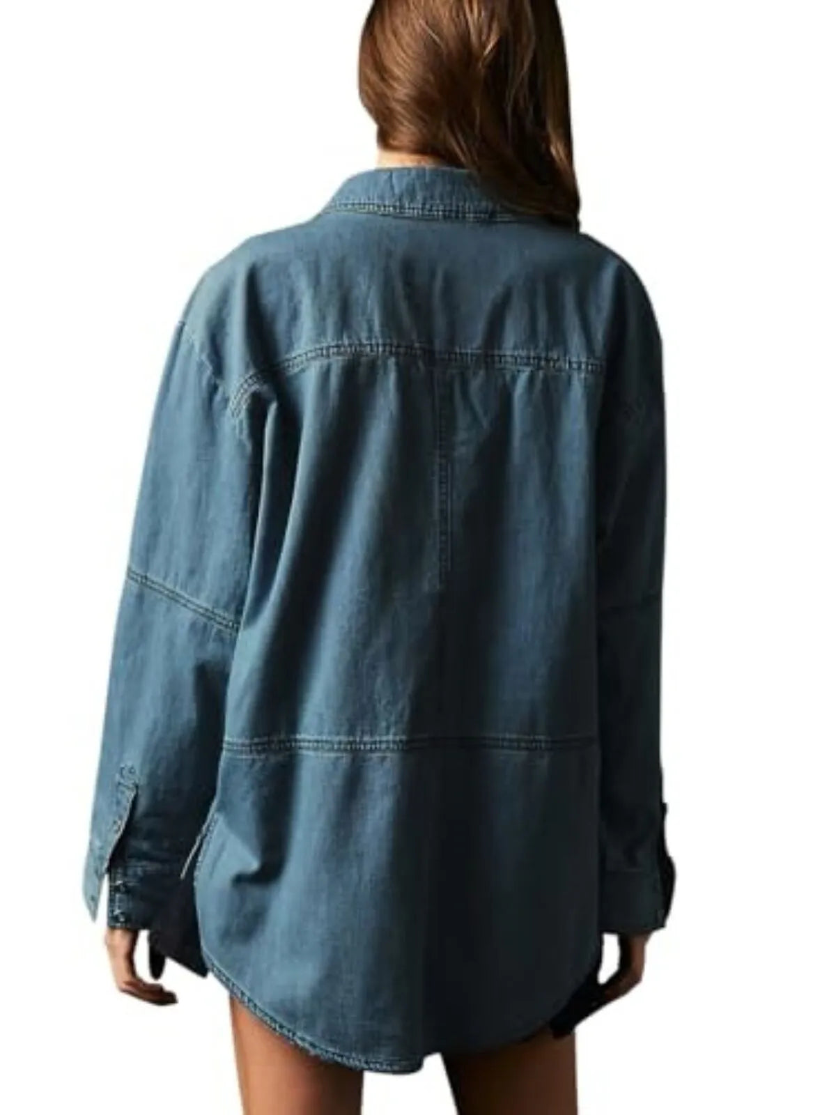 Solid Denim Pullover Casual Notch V Neck Loose Fit Pocket Regular Blouse
