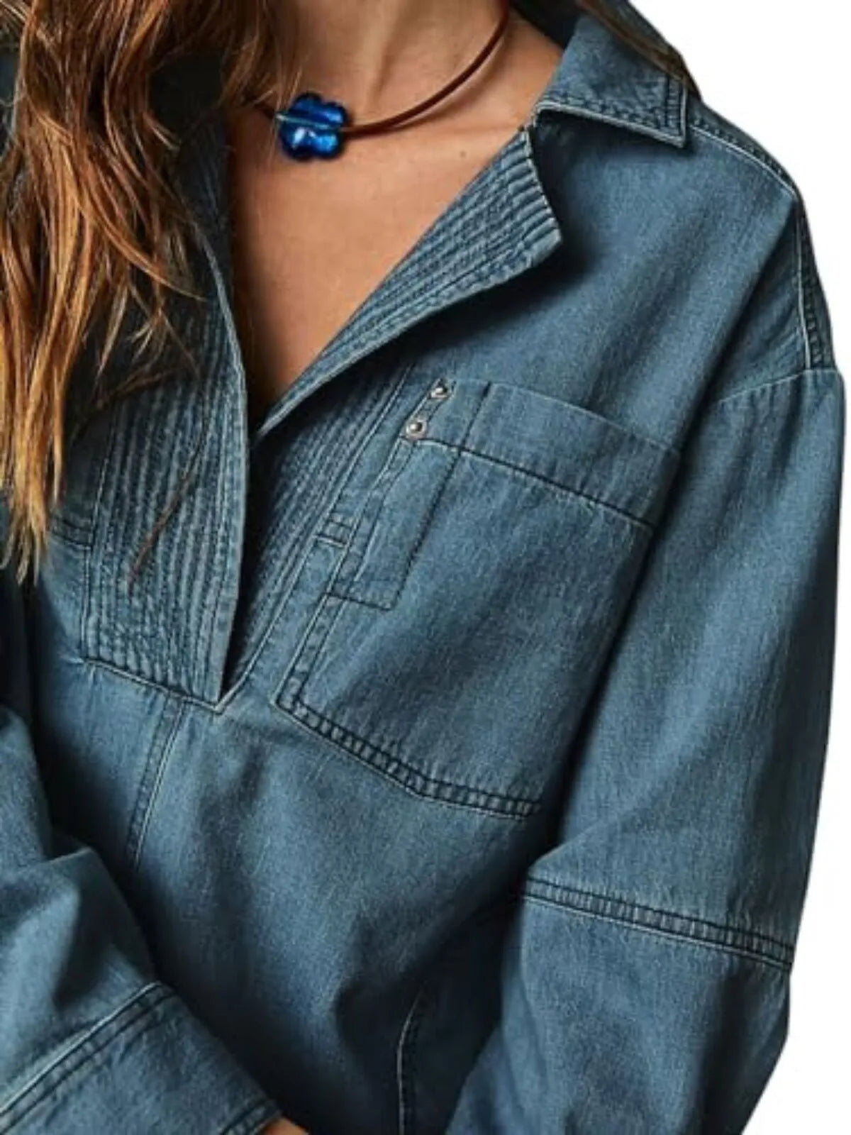 Solid Denim Pullover Casual Notch V Neck Loose Fit Pocket Regular Blouse