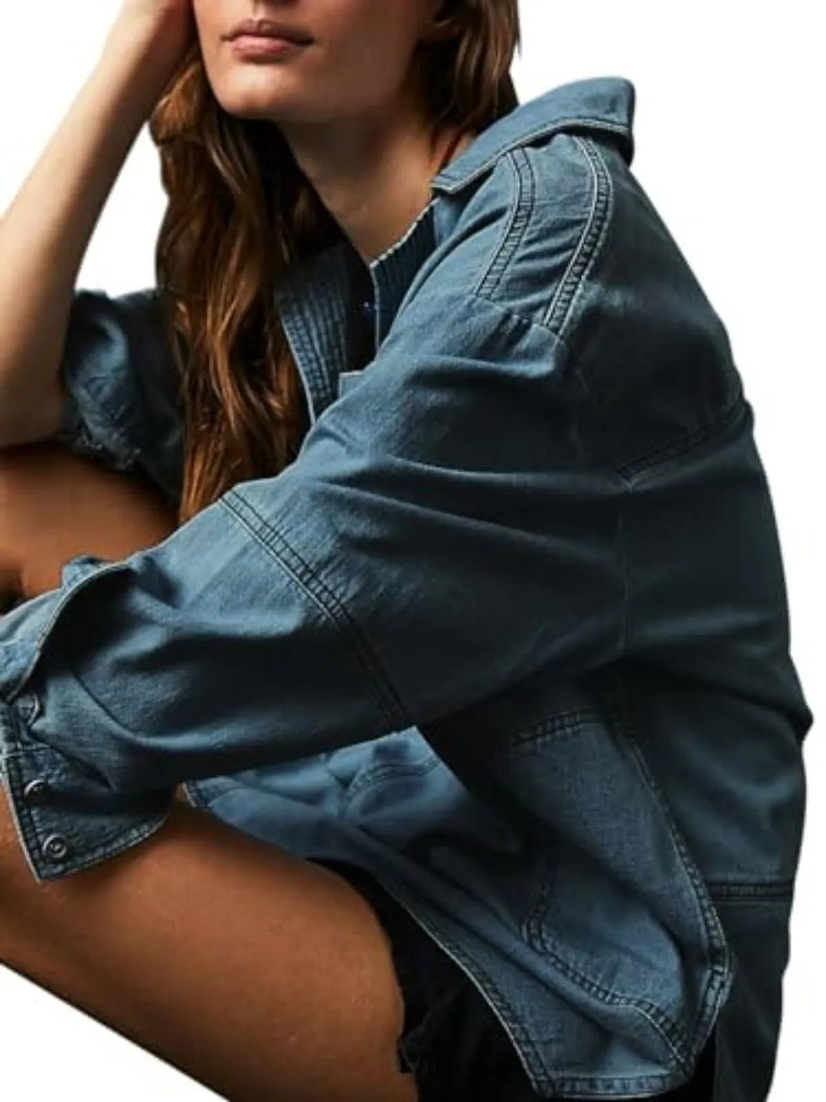 Solid Denim Pullover Casual Notch V Neck Loose Fit Pocket Regular Blouse