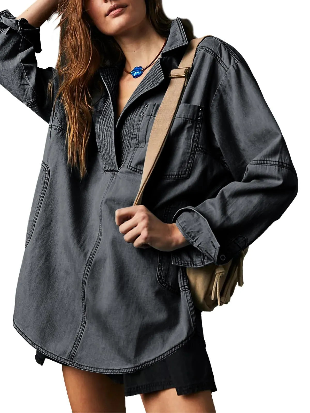 Solid Denim Pullover Casual Notch V Neck Loose Fit Pocket Regular Blouse