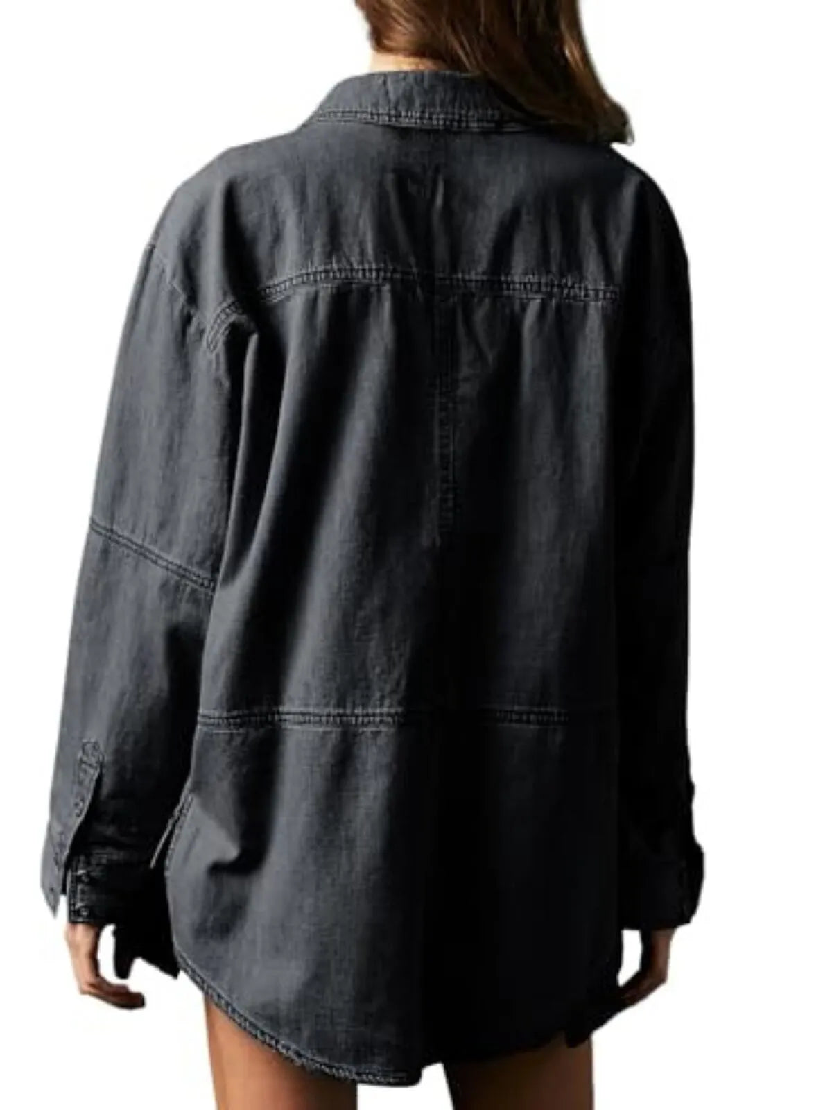 Solid Denim Pullover Casual Notch V Neck Loose Fit Pocket Regular Blouse