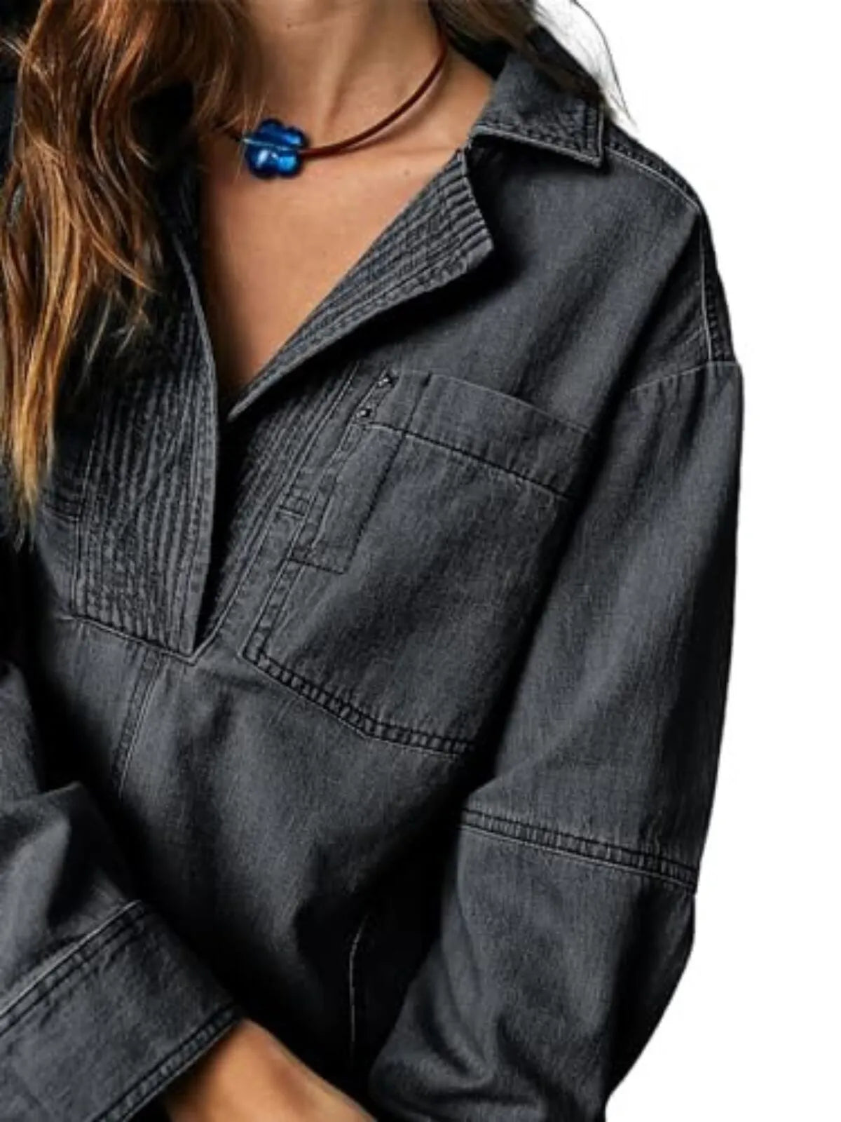 Solid Denim Pullover Casual Notch V Neck Loose Fit Pocket Regular Blouse