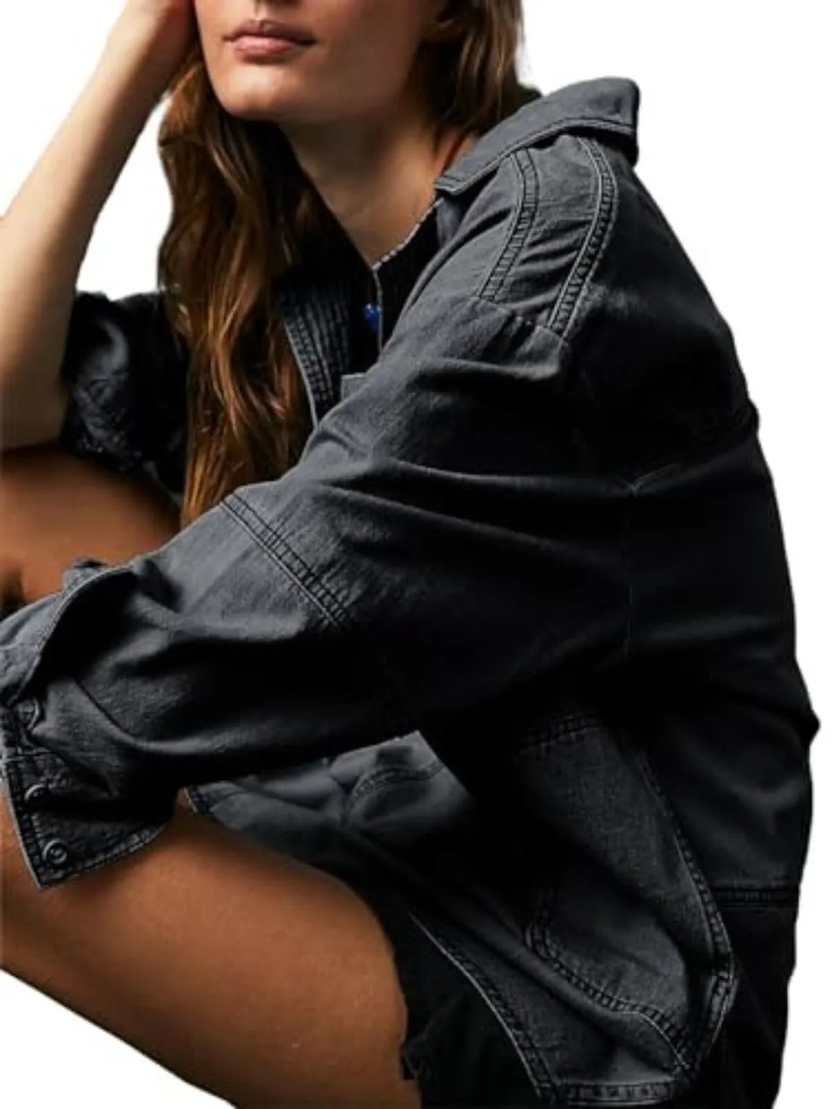 Solid Denim Pullover Casual Notch V Neck Loose Fit Pocket Regular Blouse