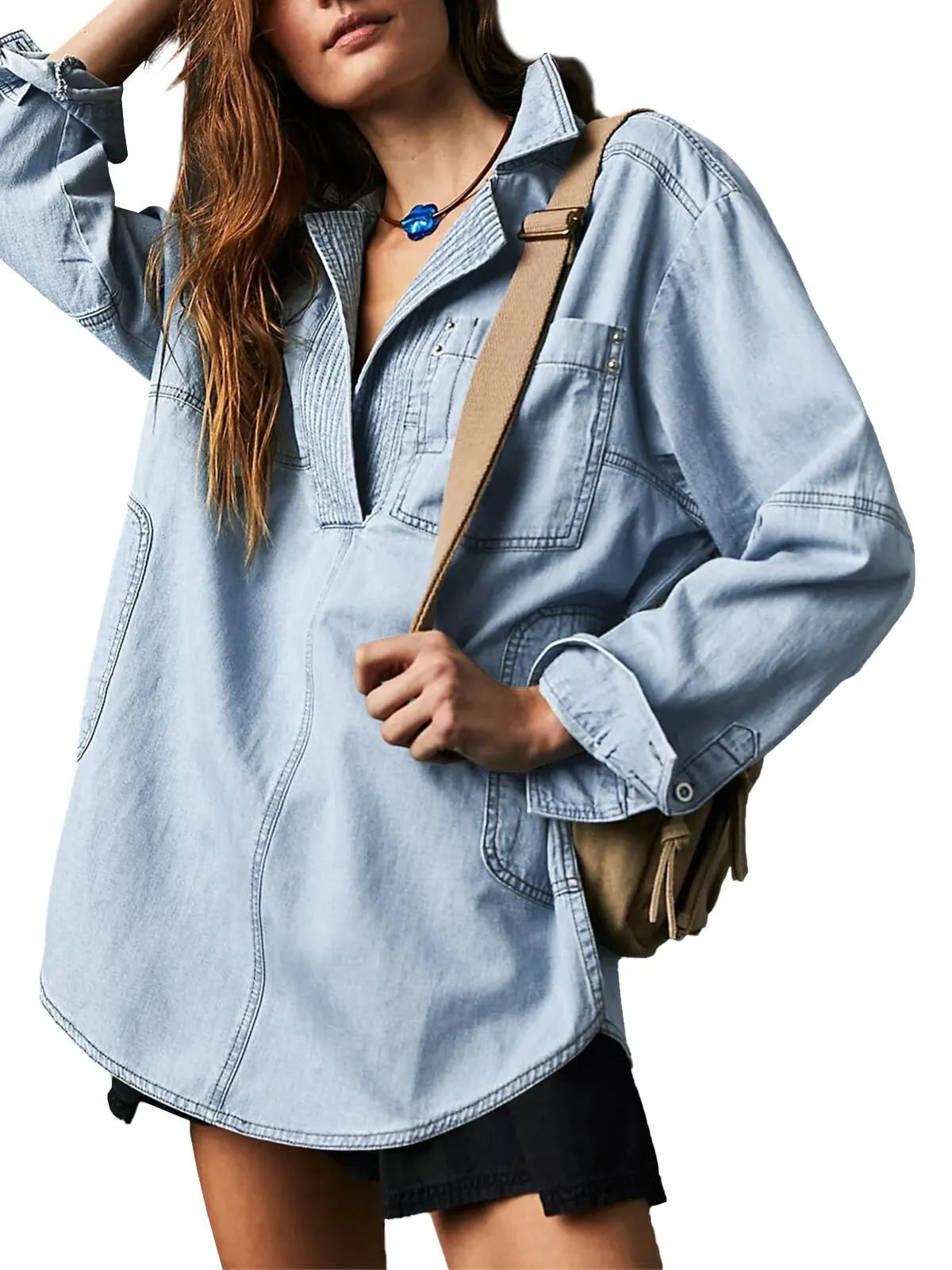 Solid Denim Pullover Casual Notch V Neck Loose Fit Pocket Regular Blouse