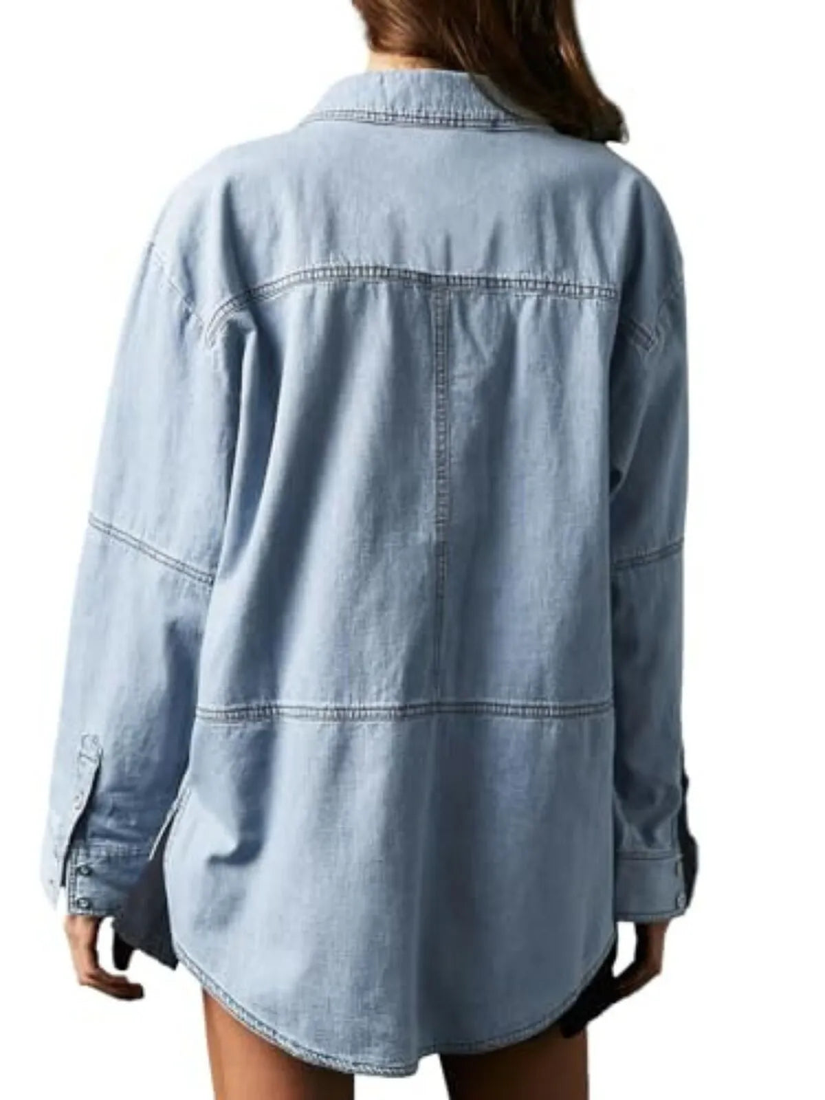 Solid Denim Pullover Casual Notch V Neck Loose Fit Pocket Regular Blouse