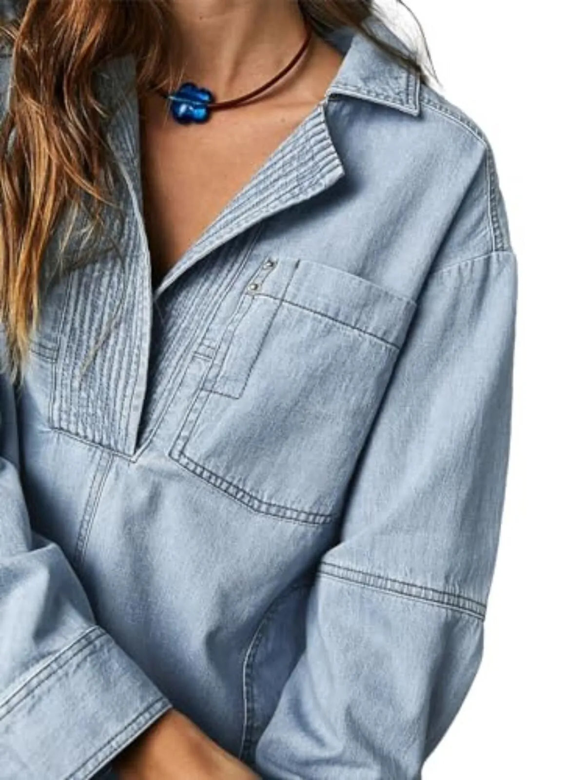 Solid Denim Pullover Casual Notch V Neck Loose Fit Pocket Regular Blouse