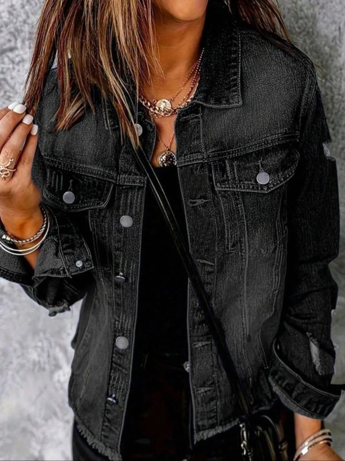 Solid Pocket Lapel Button Front Raw HemDenim Coat Outerwear for Daily Wear