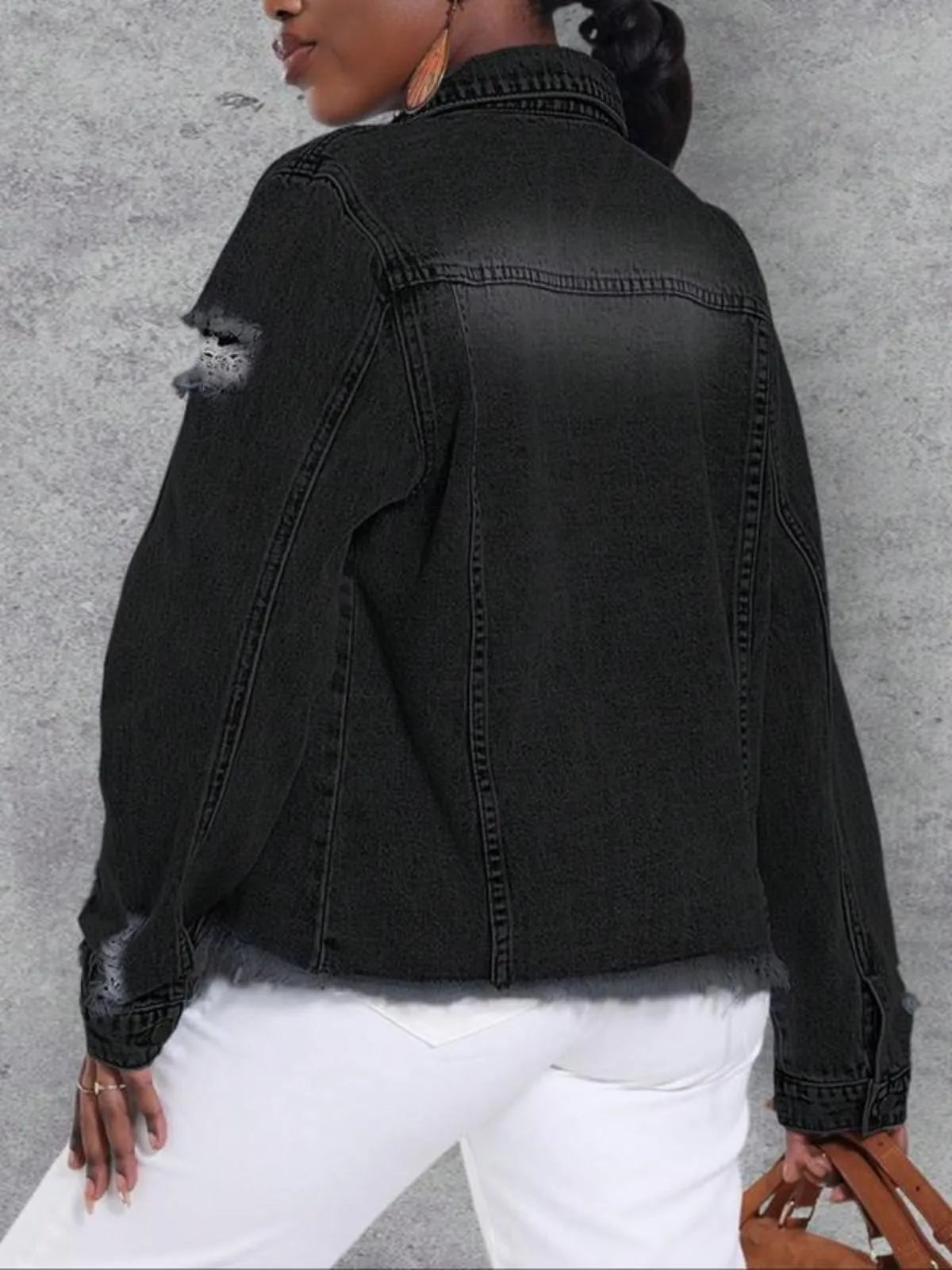 Solid Pocket Lapel Button Front Raw HemDenim Coat Outerwear for Daily Wear
