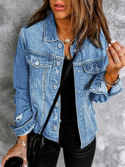 Solid Pocket Lapel Button Front Raw HemDenim Coat Outerwear for Daily Wear