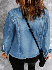 Solid Pocket Lapel Button Front Raw HemDenim Coat Outerwear for Daily Wear