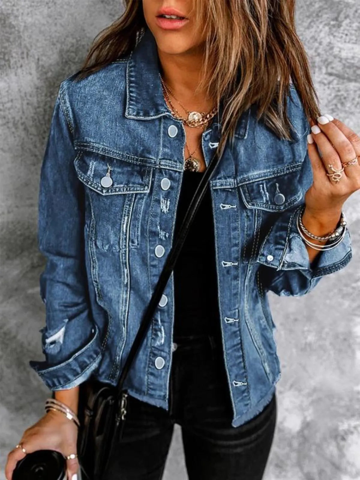 Solid Pocket Lapel Button Front Raw HemDenim Coat Outerwear for Daily Wear