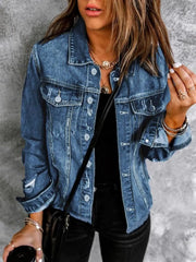 Solid Pocket Lapel Button Front Raw HemDenim Coat Outerwear for Daily Wear