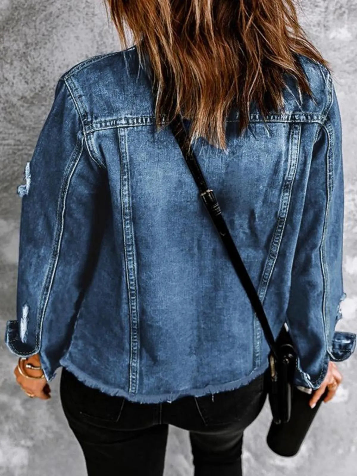 Solid Pocket Lapel Button Front Raw HemDenim Coat Outerwear for Daily Wear