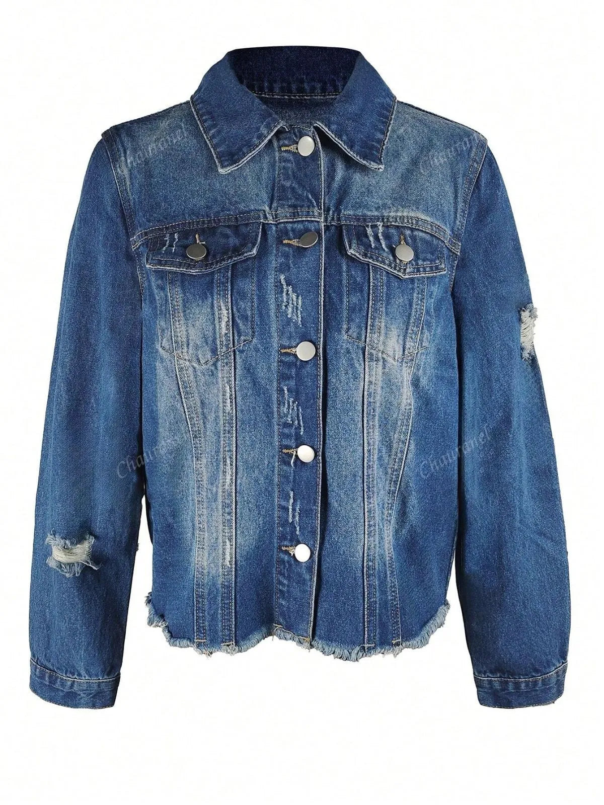 Solid Pocket Lapel Button Front Raw HemDenim Coat Outerwear for Daily Wear
