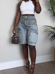 Solid Pocket Medium Rise Button Fly Denim Short Jeans