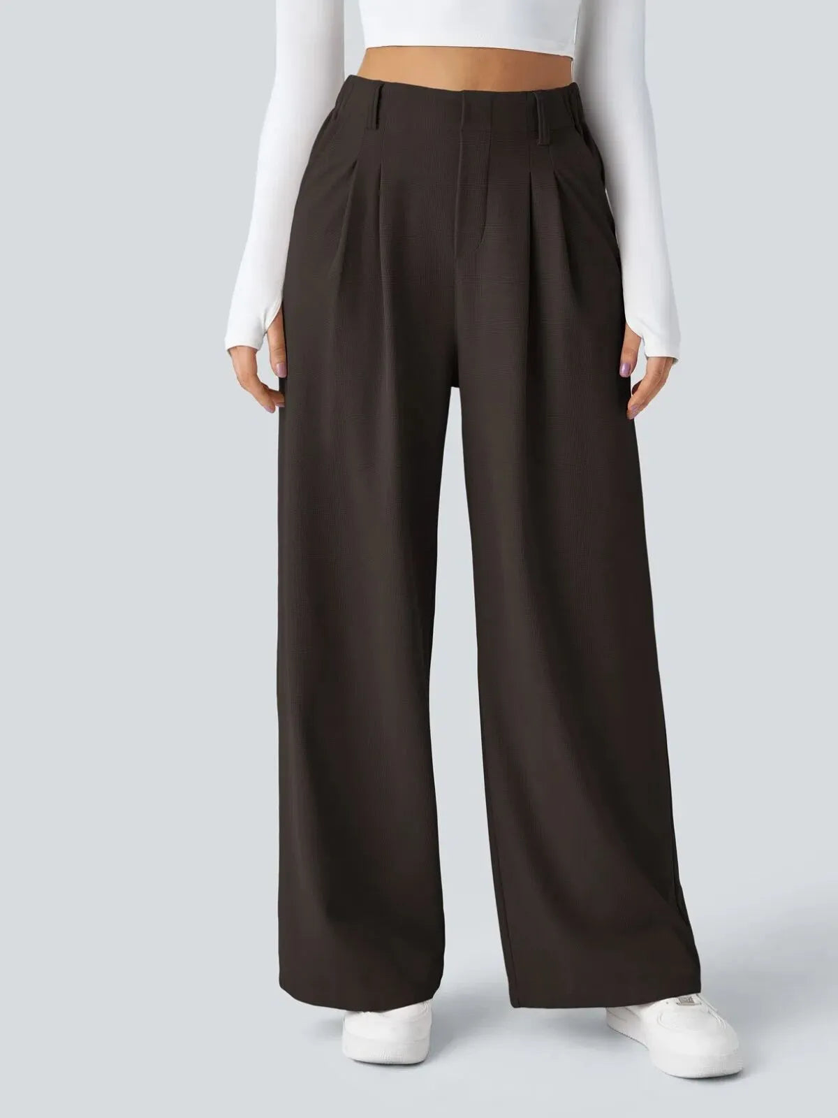 Comfortable Wear Solid Color Designs Ease Of Movement High Waisted Plicated Side Pocket Wide Leg Waffle Work Pants