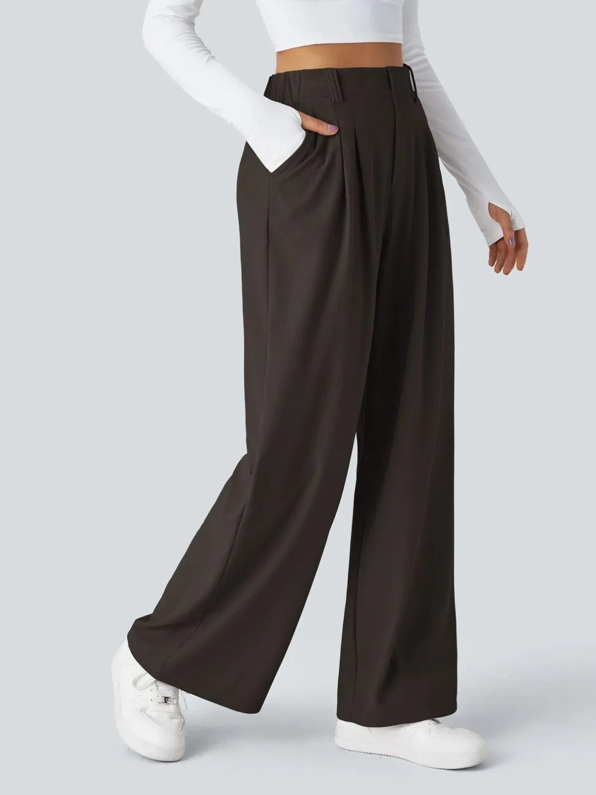 Comfortable Wear Solid Color Designs Ease Of Movement High Waisted Plicated Side Pocket Wide Leg Waffle Work Pants