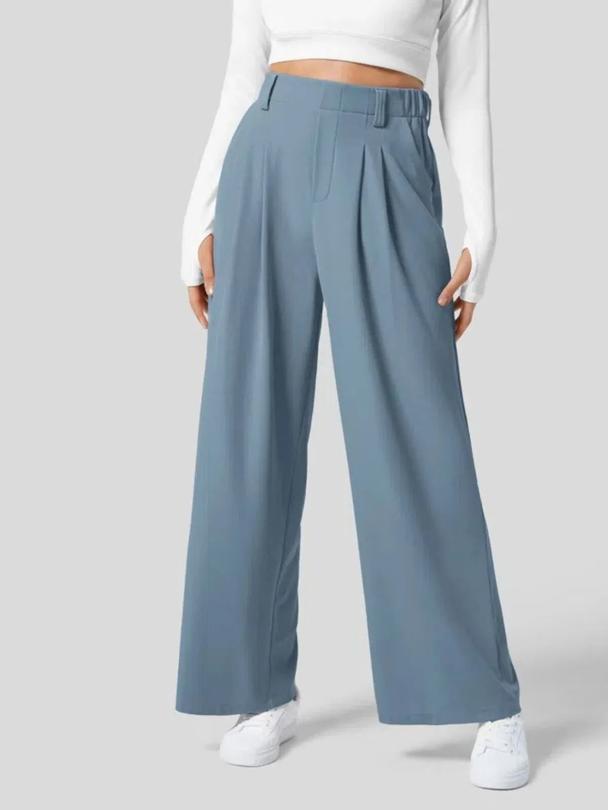Comfortable Wear Solid Color Designs Ease Of Movement High Waisted Plicated Side Pocket Wide Leg Waffle Work Pants