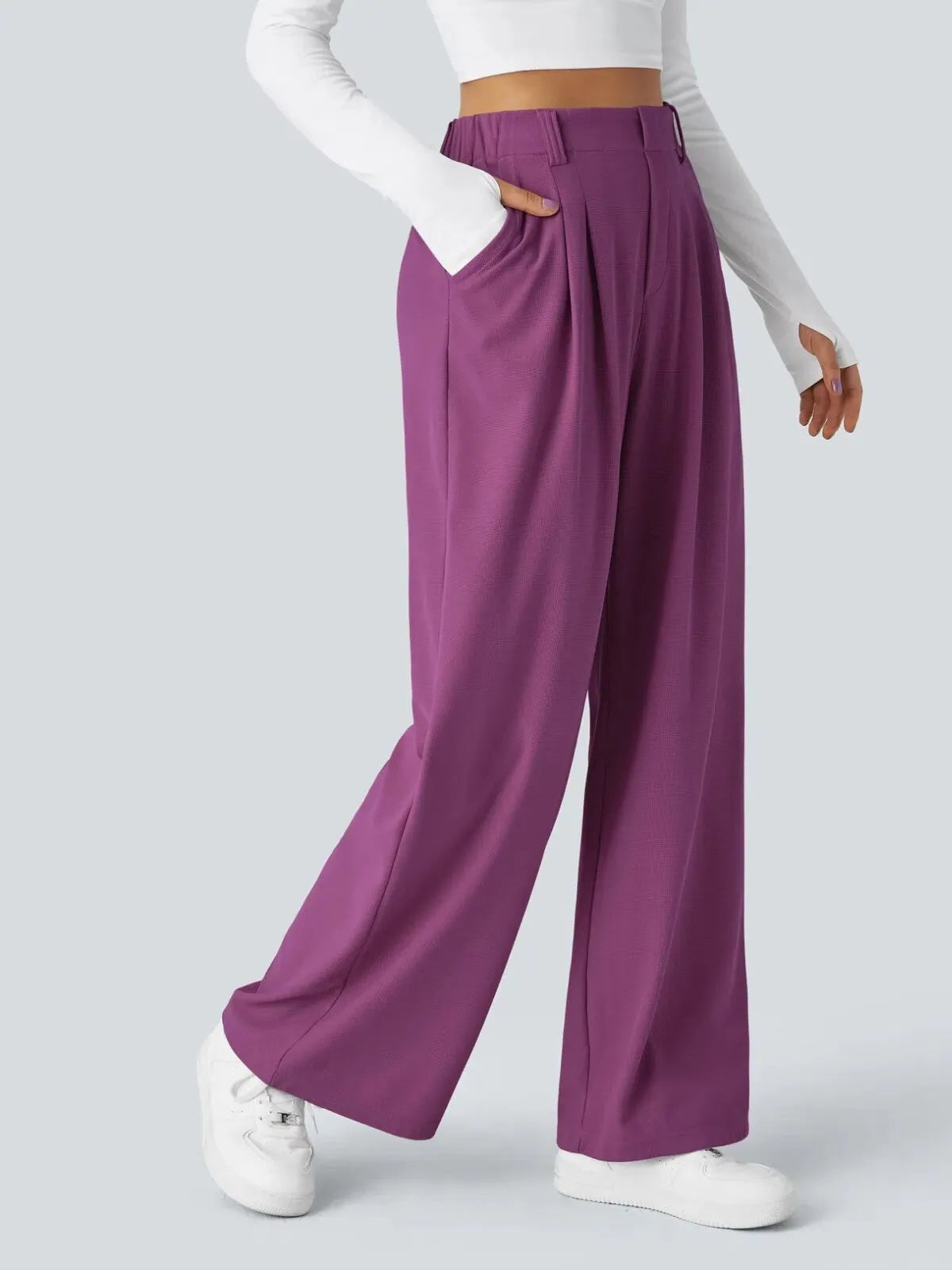 Comfortable Wear Solid Color Designs Ease Of Movement High Waisted Plicated Side Pocket Wide Leg Waffle Work Pants